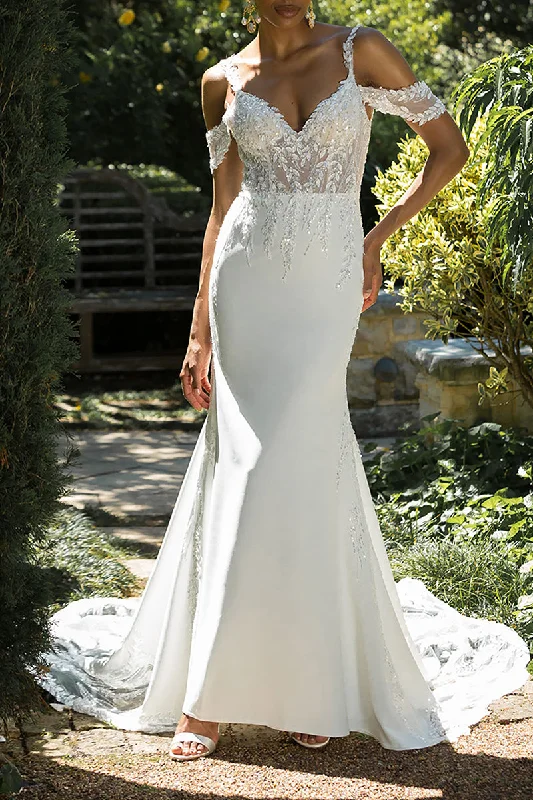 Sexy V Neck Sequins Appliques Mermaid Wedding Dress Open Back Bridal Gown QW2560