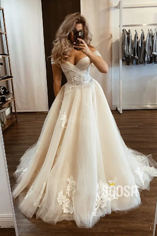 Off the Shoulder Tulle Appliques A-line Wedding Dress QW2665