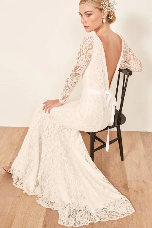 Lace Long Sleeves Wedding Dress with V back