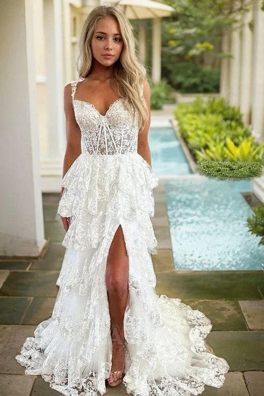 Layered Lace Wedding Dresses with Slit Skirt