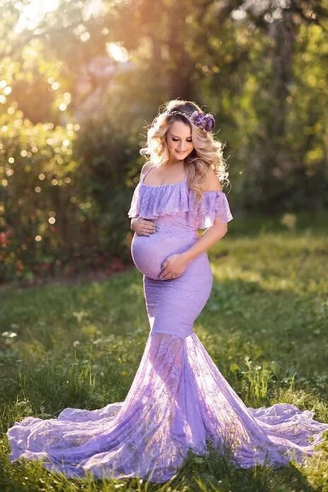 Lilac Lace Pregnant Woman Prom Dresses with Spaghetti Straps