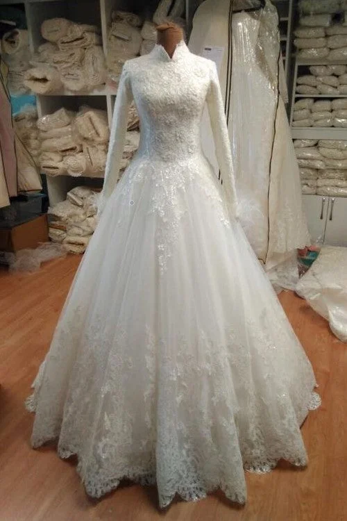 Long Sleeves Modest Wedding Dress with Lace Tulle Skirt