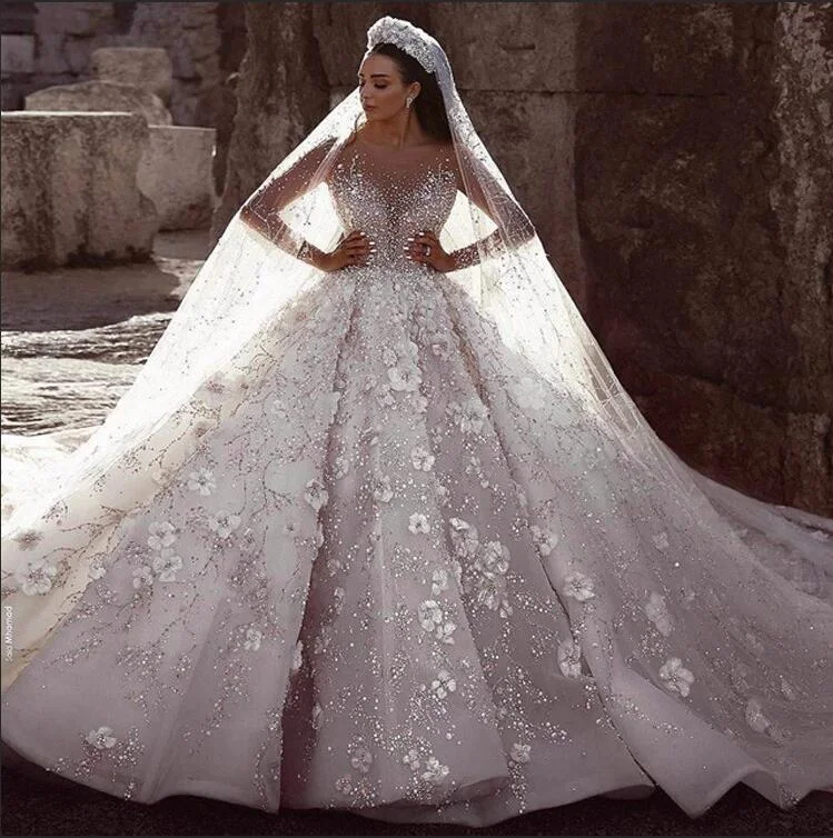 Luxury Court Wedding Dress Beaded Flowers Rhinestones Long Train