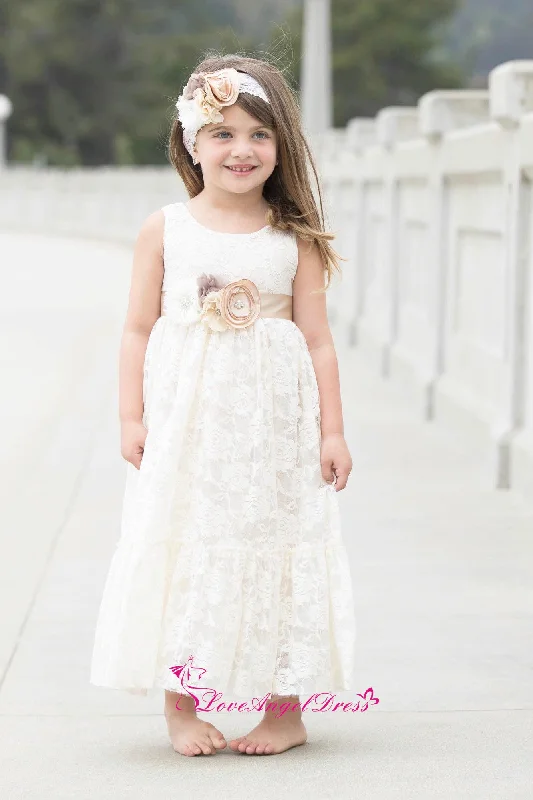 Scoop Neck Ankle Length Ivory Lace Baby Girl Dresses with Flower Belt