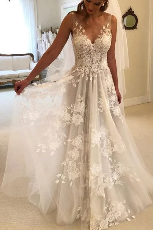 Sheer V-neckline A-line Floral Lace Dresses Wedding