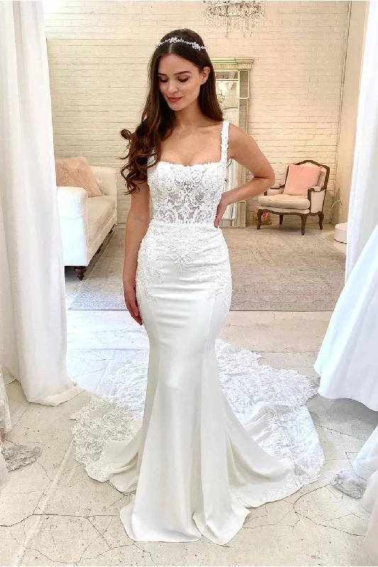 Trumpet Wedding Dress with Lace Square Neck and Train