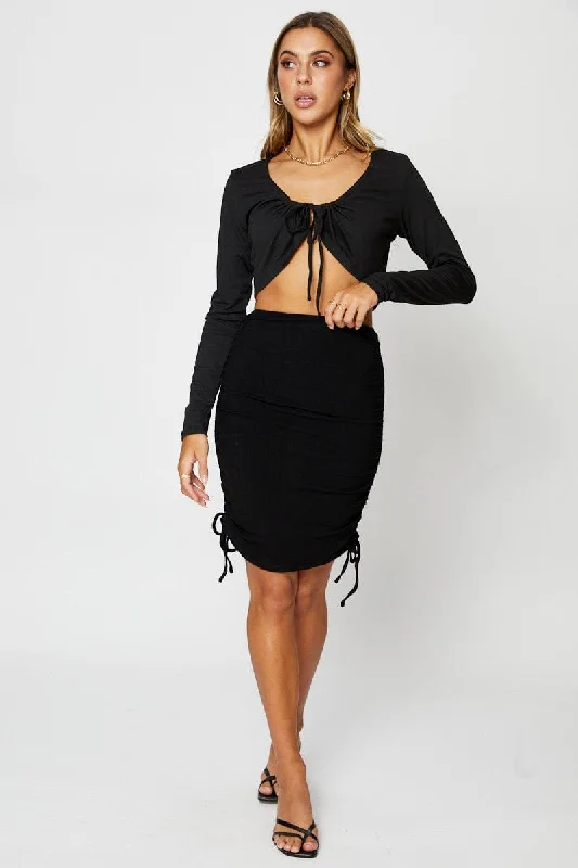 Black High Waist Side Ruched Bodycon Skirt