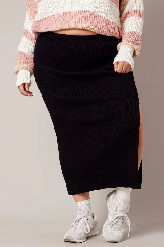 Black Rib Knit One Split Skirt