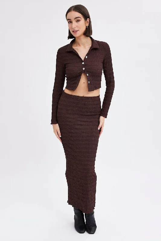 Brown Maxi Skirt Bodycon Textured Jersey