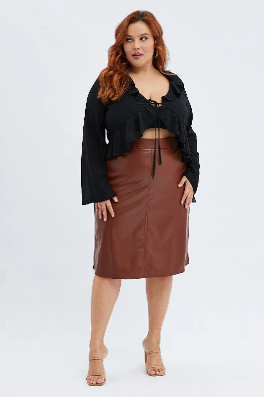 Brown Midi Skirt Faux Leather Flare