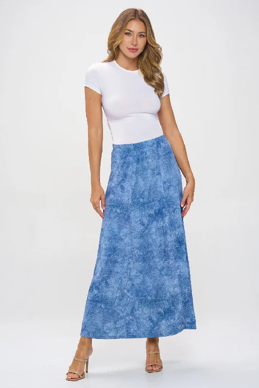 Denim Print Long Flared Skirt-6002BN-ARD2-D003