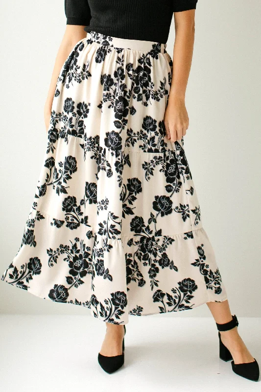 'Esmeralda' Satin Floral Print Midi Skirt