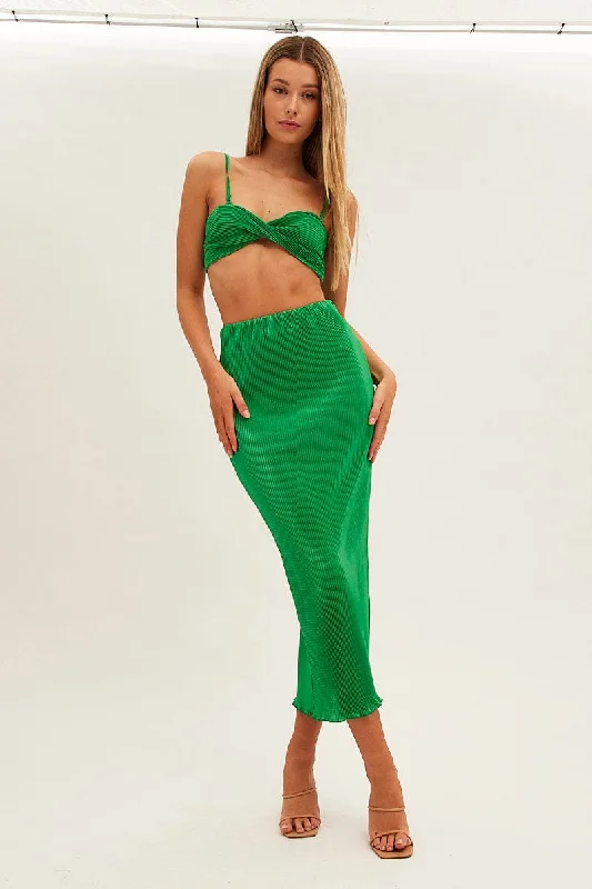 Green Plisse Skirt Maxi High Rise