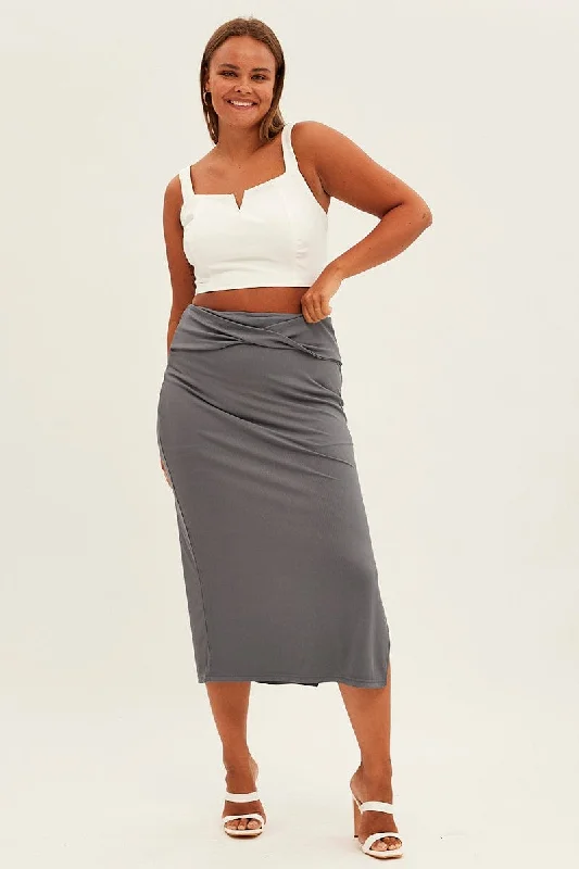 Grey Midi Skirt High Rise Pencil Ribbed