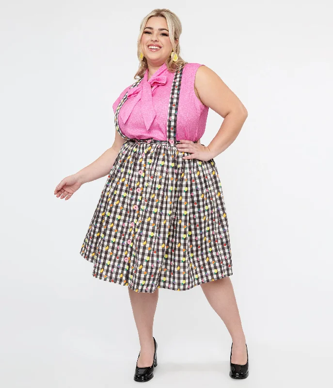 Hell Bunny Plus Size 1950s Black & White Gingham & Fruit Cotton Pinafore Swing Skirt