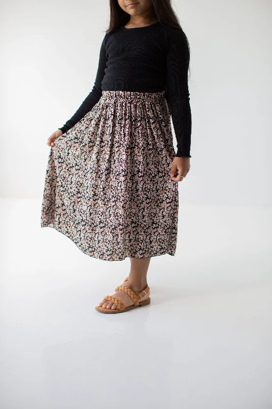 'Kiara' Girl Ditsy Floral Midi Skirt in Black FINAL SALE