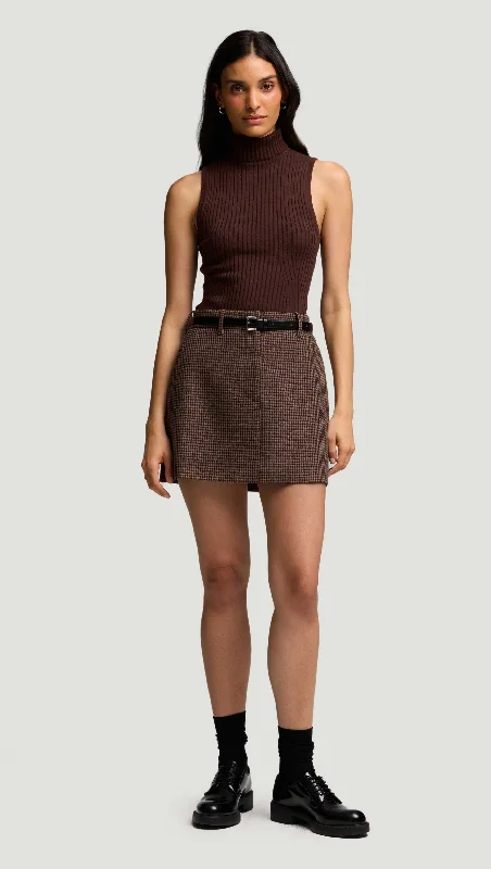 Mini Tailored Skirt in Viscose Blend | Brown/Camel Houndstooth