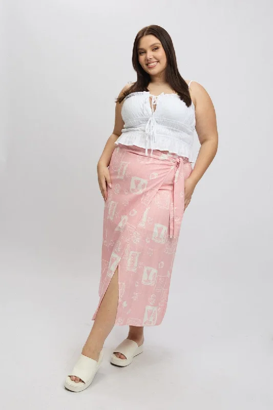 Pink Abstract Faux Wrap Linen Blend Midi Skirt