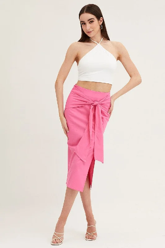 Pink Front Tie Midi Skirt