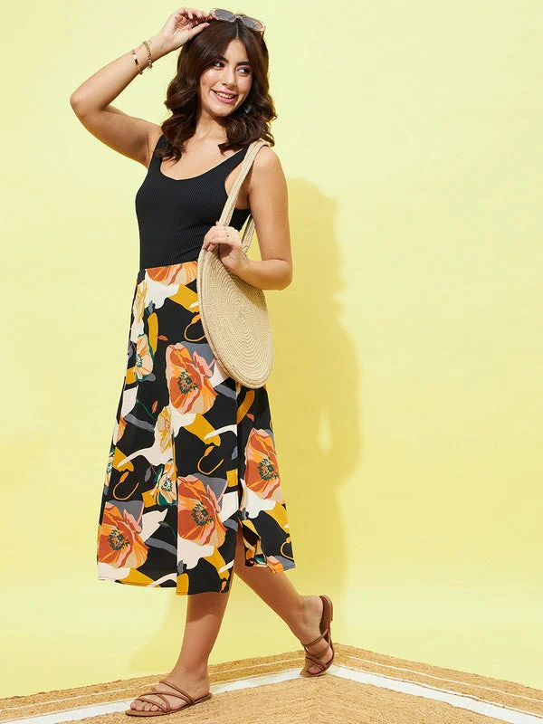 Berrylush Women Black & Orange Floral Printed Crepe Thigh-High Slit Flared A-Line Midi Skirt