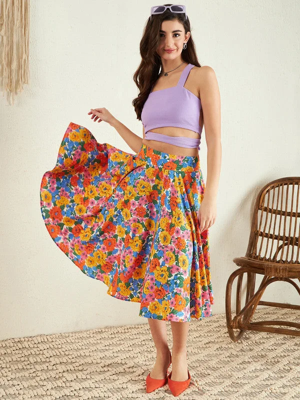 Berrylush Women Multicolour Floral Printed High-Rise Waist Crepe Pleated A-Line Midi Skirt