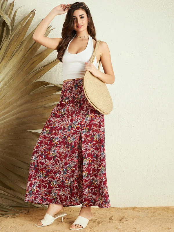 Berrylush Women Maroon & Blue Floral Printed High-Rise Waist Crepe Side-Slit Flared A-Line Maxi Skirt