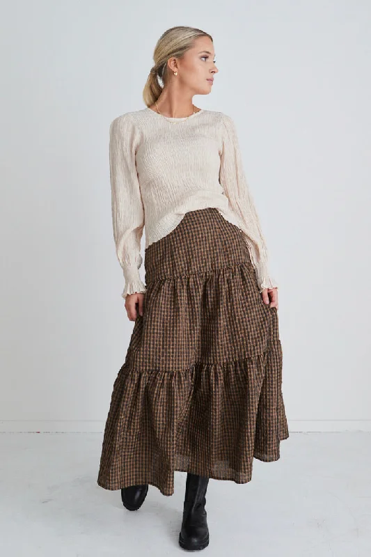 Stella Toffee Gingham Tiered Midi Skirt